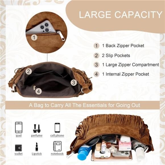 Women Faux Suede Fringed Purse Hobo Bag Tassel Crossbody with Double Long Straps - Picture 2 of 7